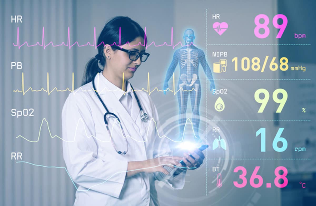 A hispanic female doctor with brown hair in ponytail wearing glasses and white medical scrubs with a stethoscope around her neck is holding a tablet. The entire image is overlaid with vital signs like heart rate beats per minute.