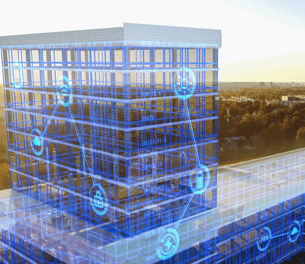 Digital twin simulation of building infrastructure, showing the detail and accuracy of digital clones.