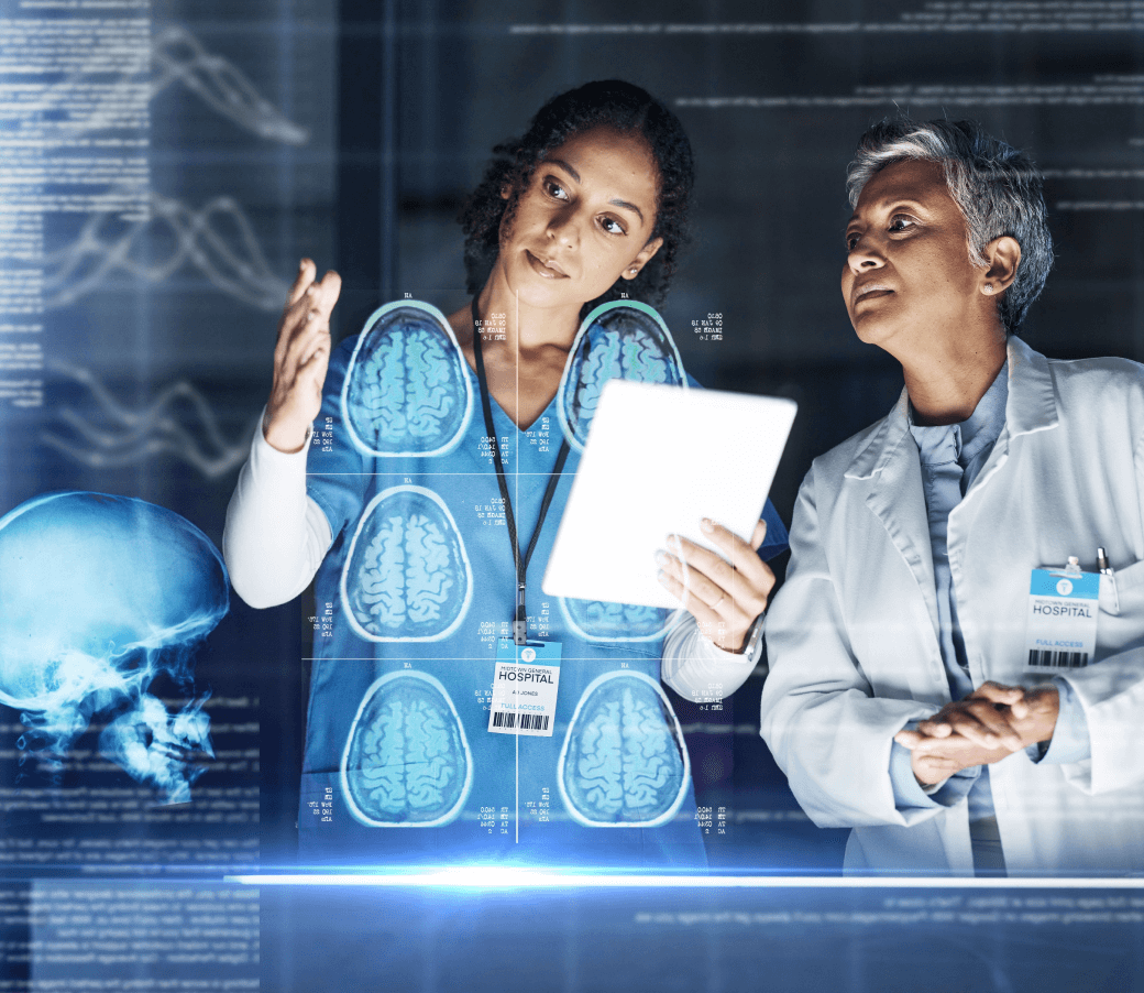 Two medical professionals utilizing neurotechnology to analyze a patients brain.