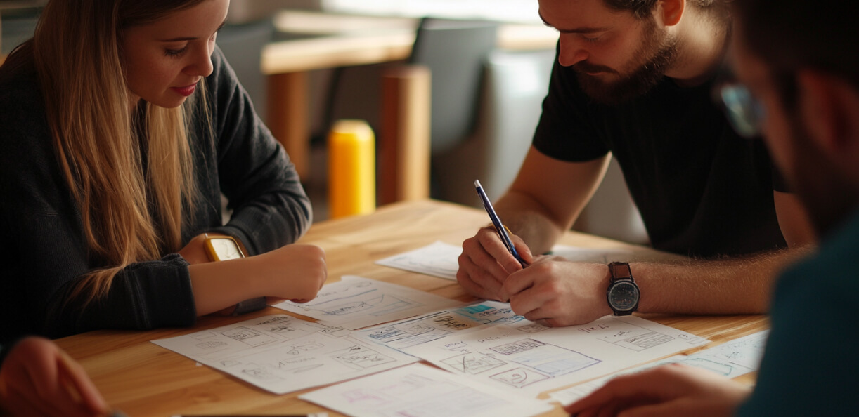A team of agile developers working together around a table and taking notes.