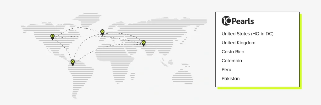 A map showing the different delivery centers that 10Pearls has available globally.