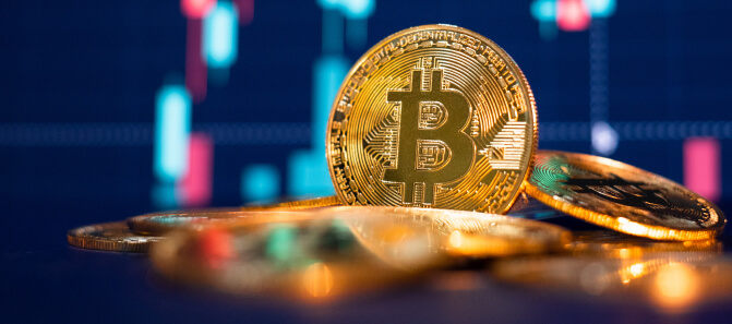 Analyst managing cryptocurrency exchange data on monitors, highlighting blockchain trading services.